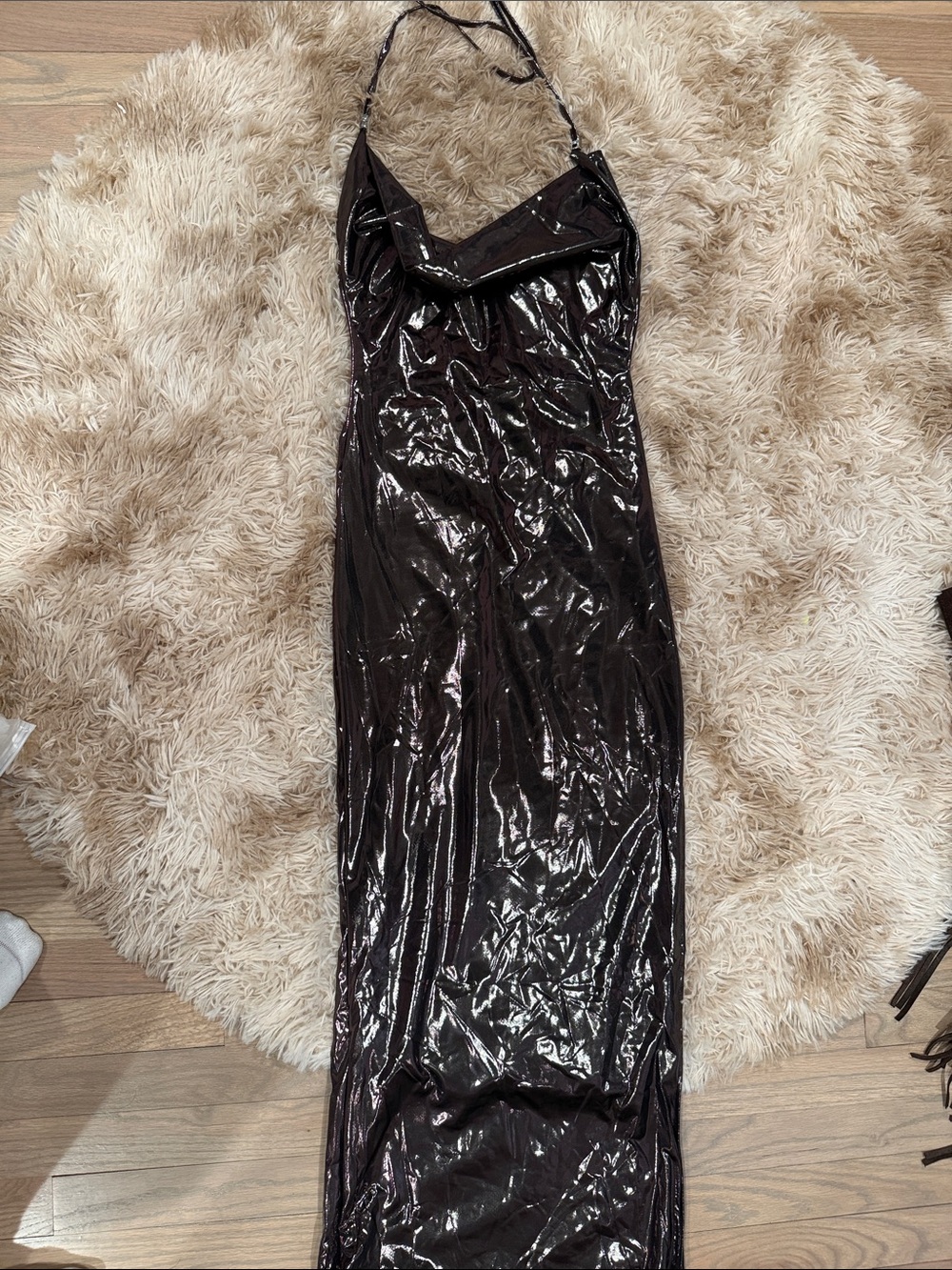 Shimmery Black Patent Halter Maxi Dress